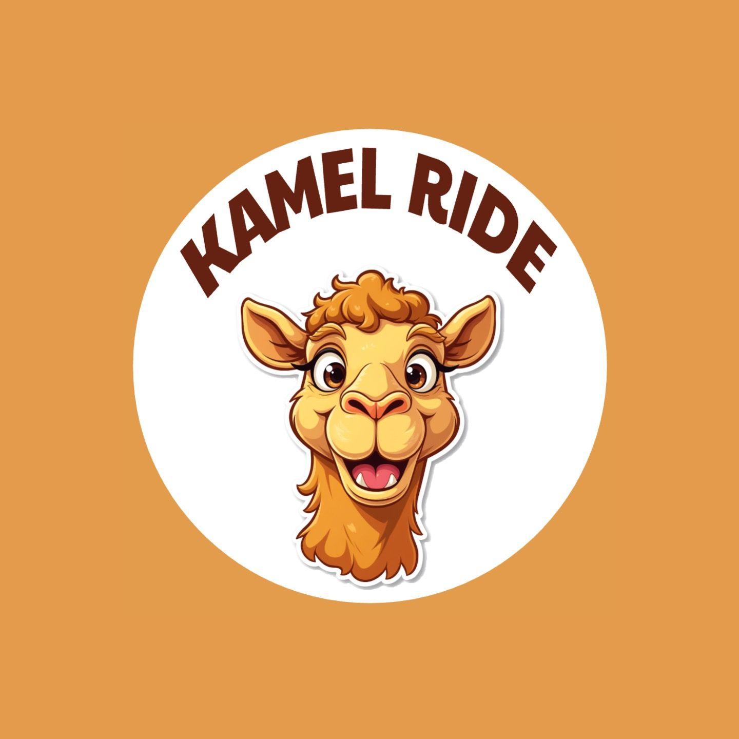 Cartoon smiling camel face with text 'Kamel Ride' on an orange background.